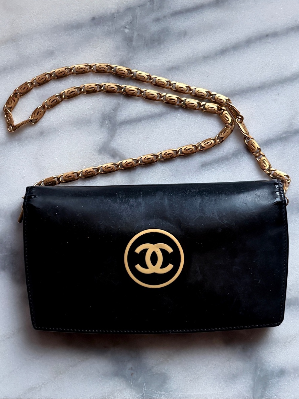 CHANEL Black Patent Leather Wallet with Gold Chain WOC - Picture 2 of 15